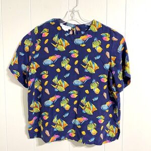 Women's Vintage Silk Fish Print Short Sleeve Top Size L Navy Blue Preston & York